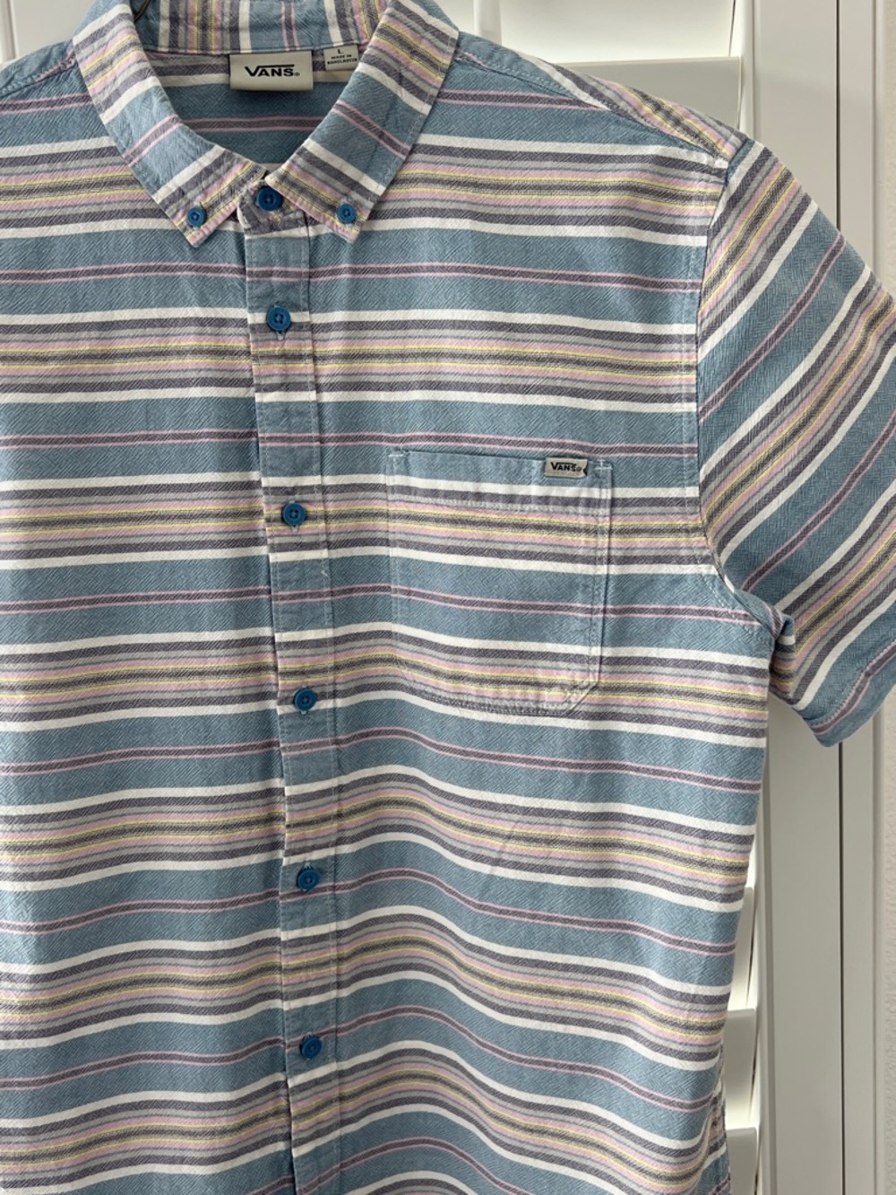 Vans Striped Short-Sleeve Button-Up Shirt in Blue and Cream